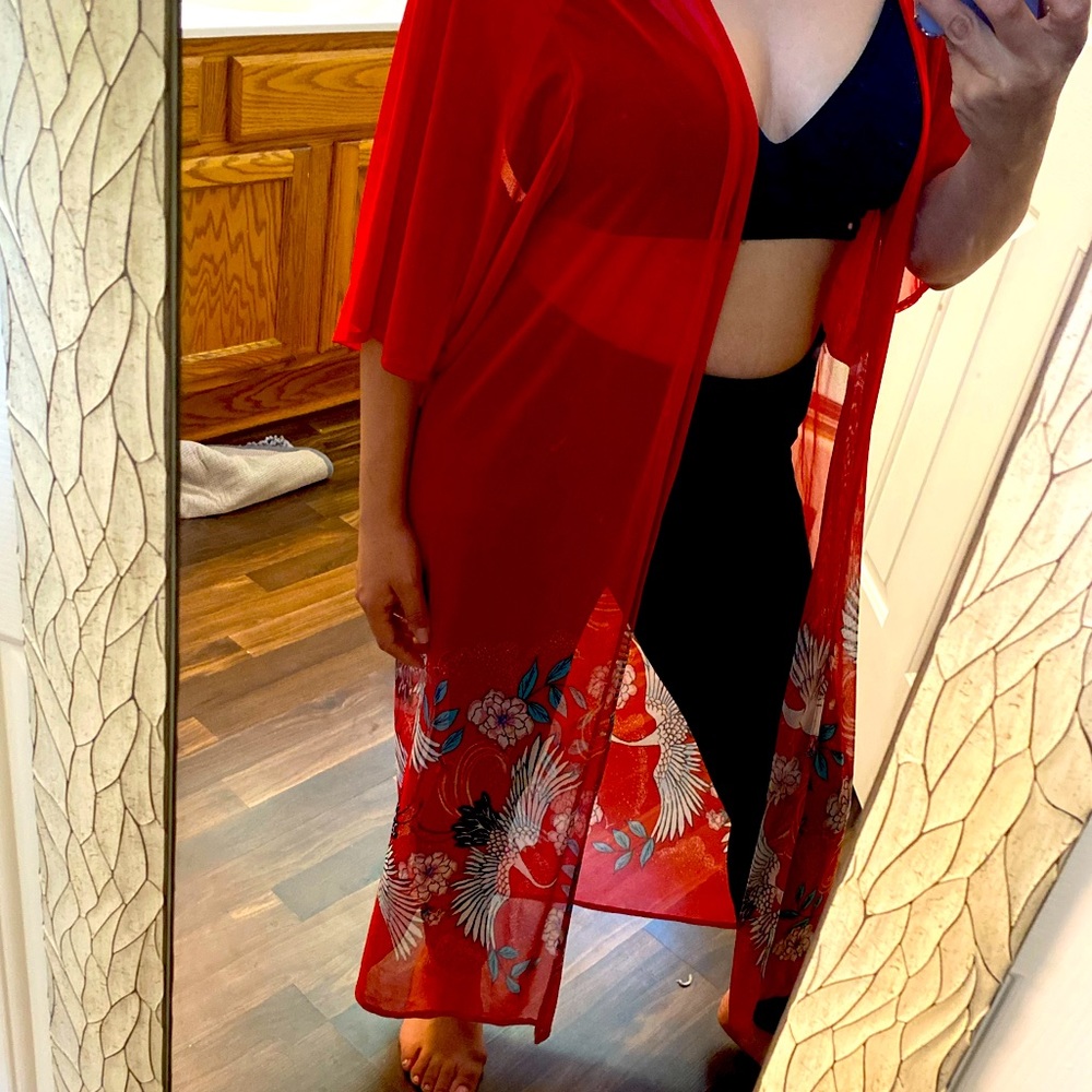 Sheer red long kimono
